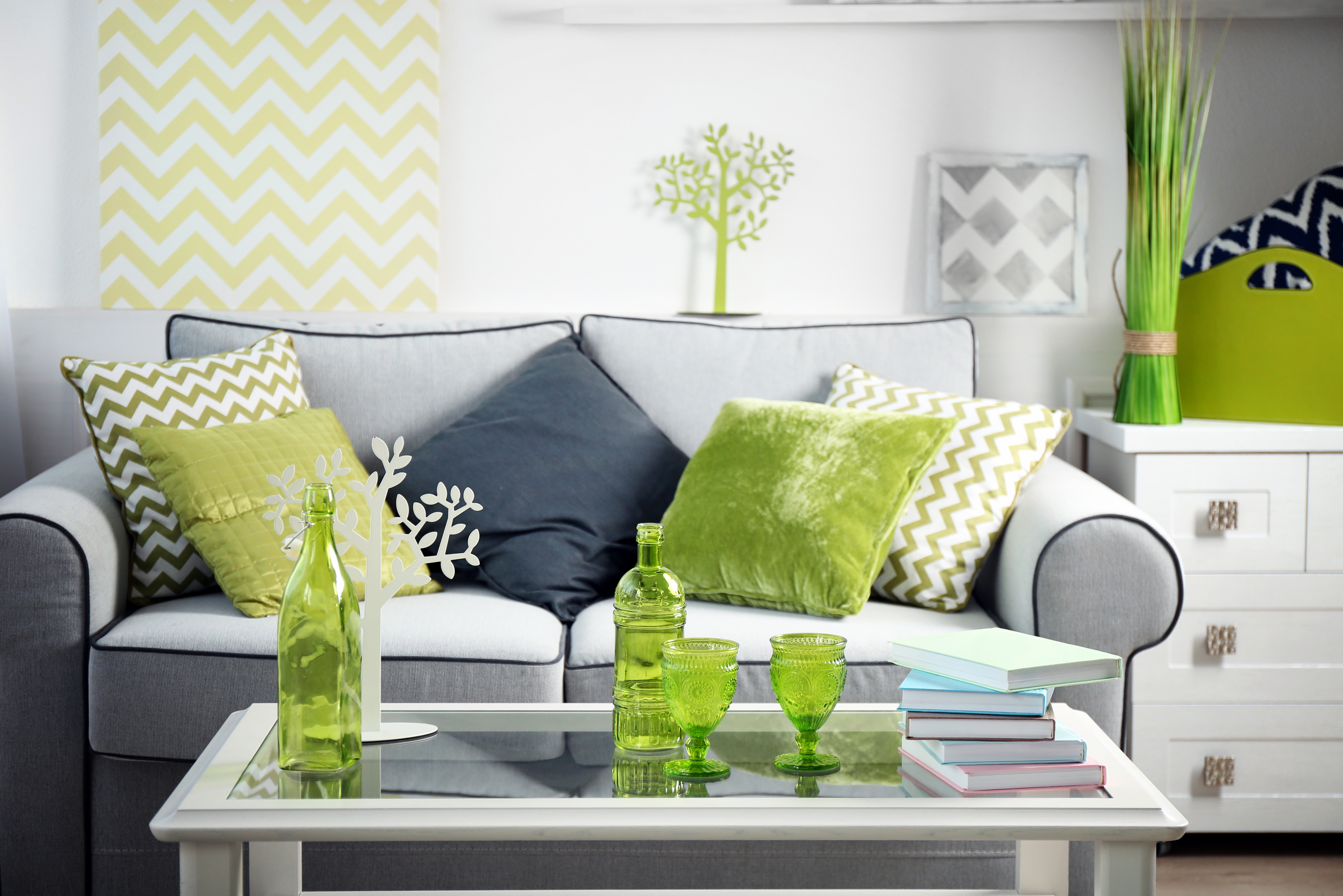 Living room interior with sofa and table